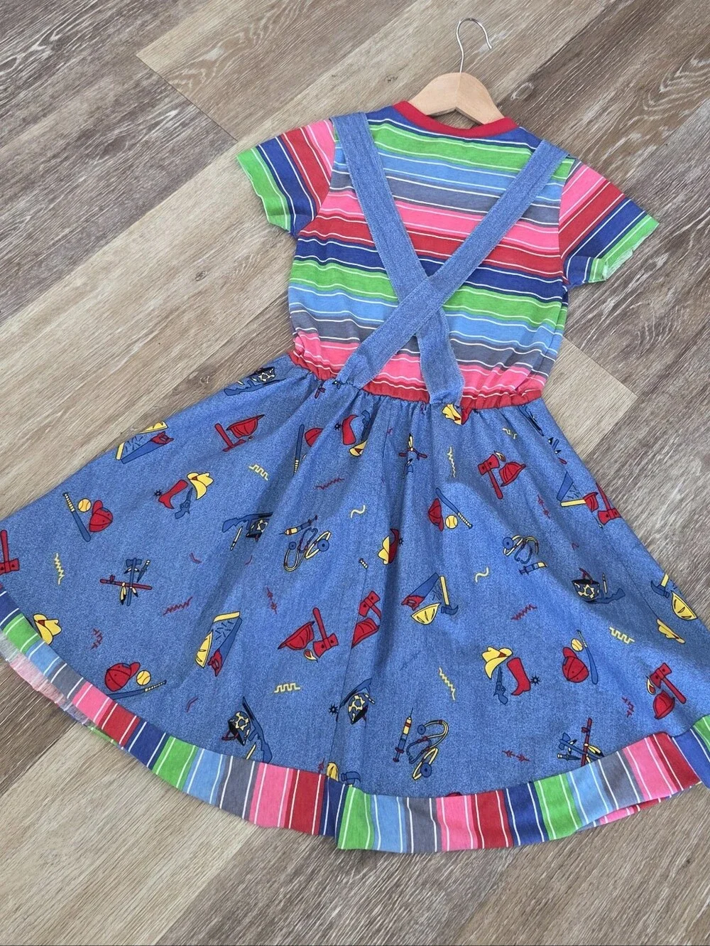 Chucky Good Guys Girls Costume Sz Lg Velcro Suspenders Stripes Cosplay Overalls